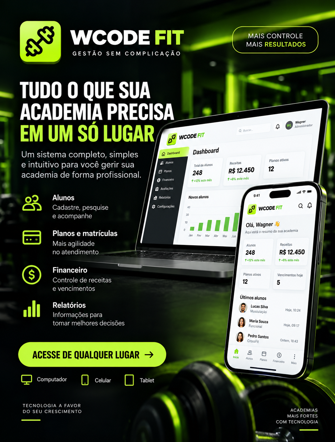 Apresentação do WCode Fit em notebook e celular, com recursos para gestão de academias.